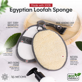 ALMOONI close-up loofah texture highlighting natural fibers for effective exfoliation