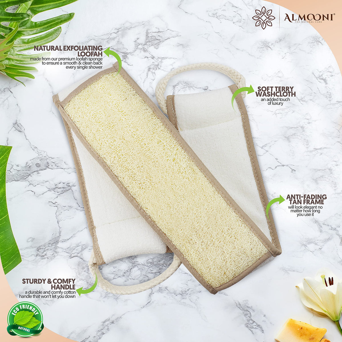 ALMOONI natural loofah texture close-up showing exfoliating fibers for smoother skin