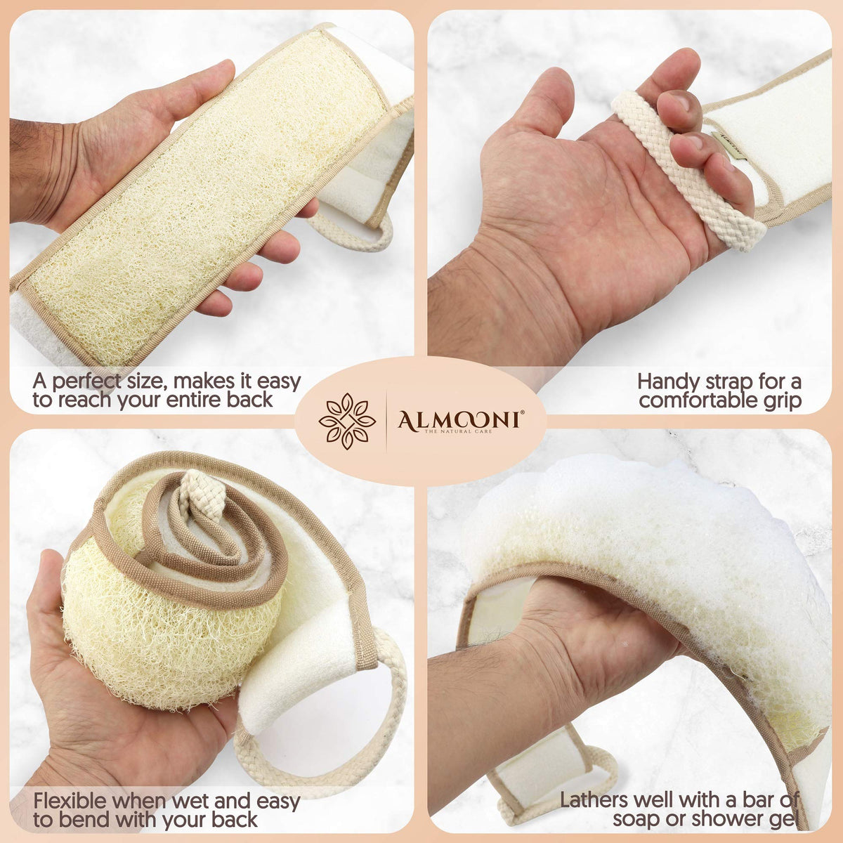 ALMOONI scrubber in use on a model's back demonstrating reach and independent cleansing