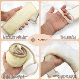 ALMOONI scrubber in use on a model's back demonstrating reach and independent cleansing