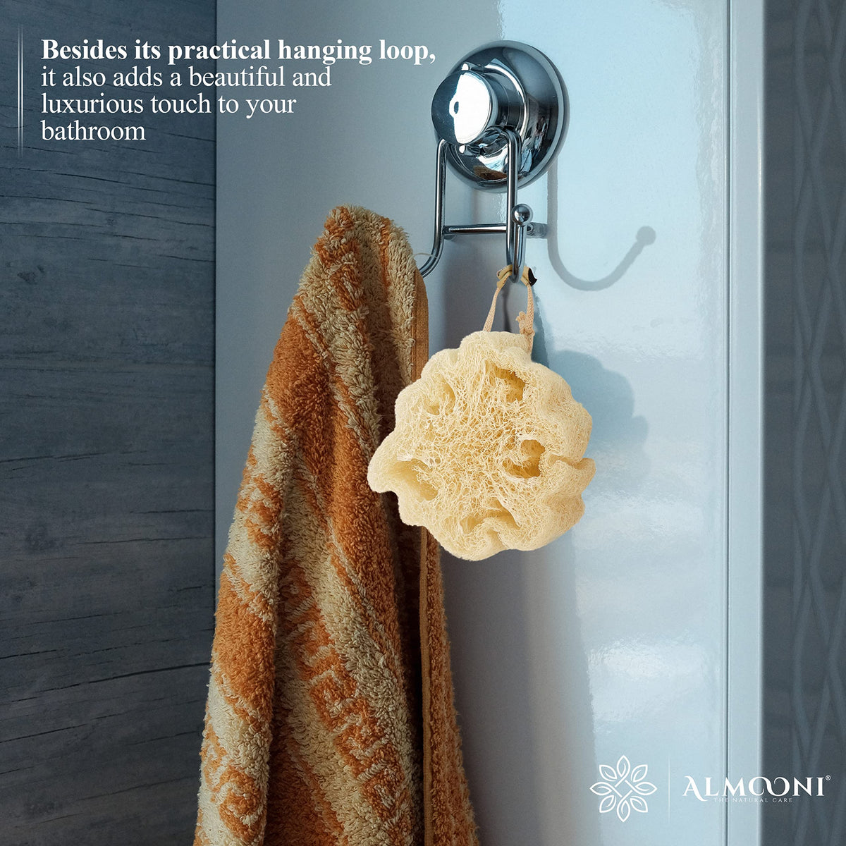 ALMOONI loofah beside a ruler showing compact travel-friendly size