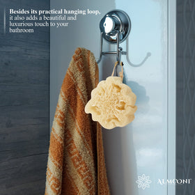 ALMOONI loofah beside a ruler showing compact travel-friendly size