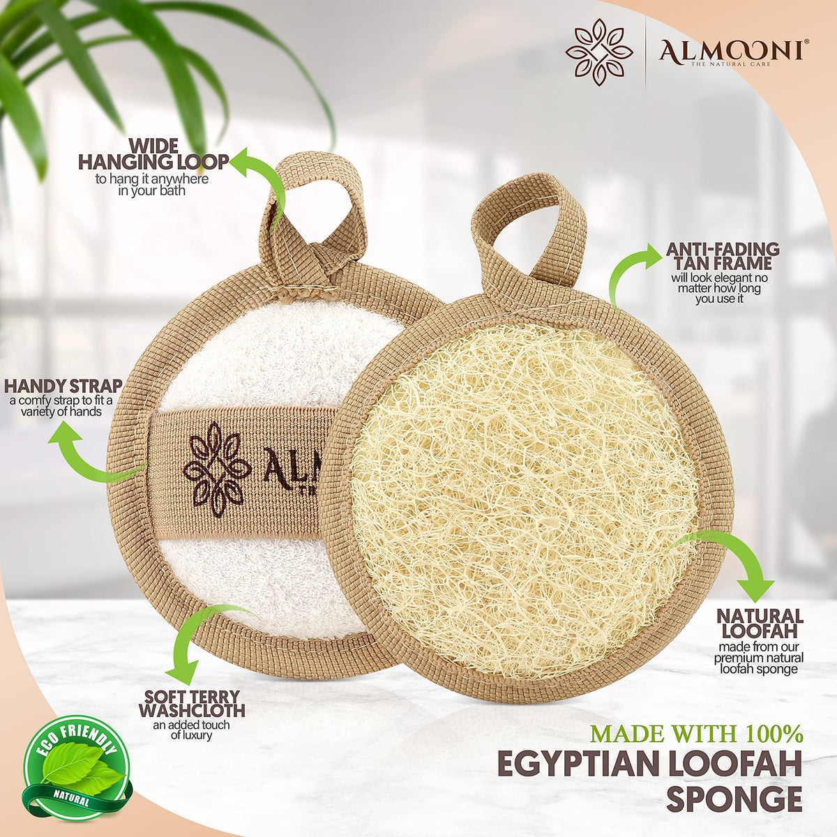 ALMOONI close-up loofah texture showing natural fibers for gentle exfoliation
