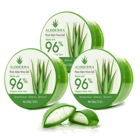 Aloderma front packaging displaying 3-pack 7oz jars and brand clarity for convenient storage