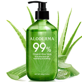 Aloderma front pump bottle showing large 17.6oz size and easy dispensing benefit