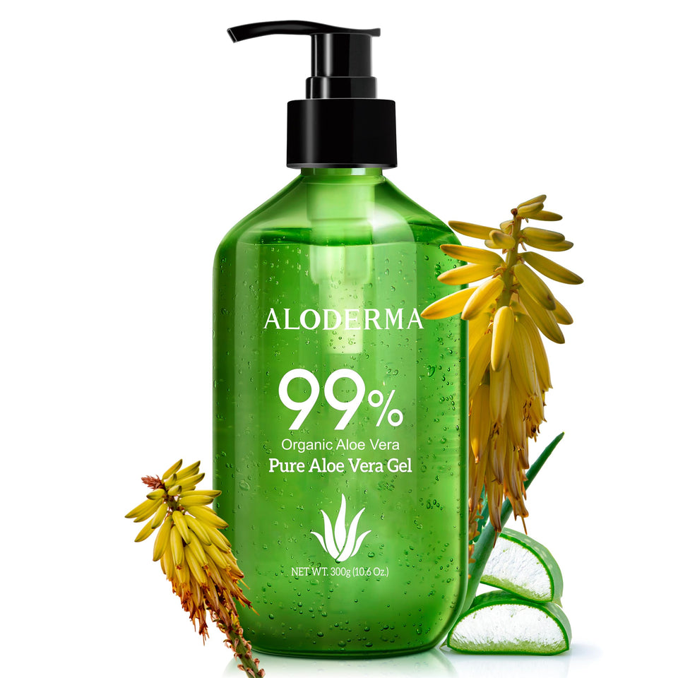 Aloderma pump bottle front view showing clean packaging and easy dispensing benefit