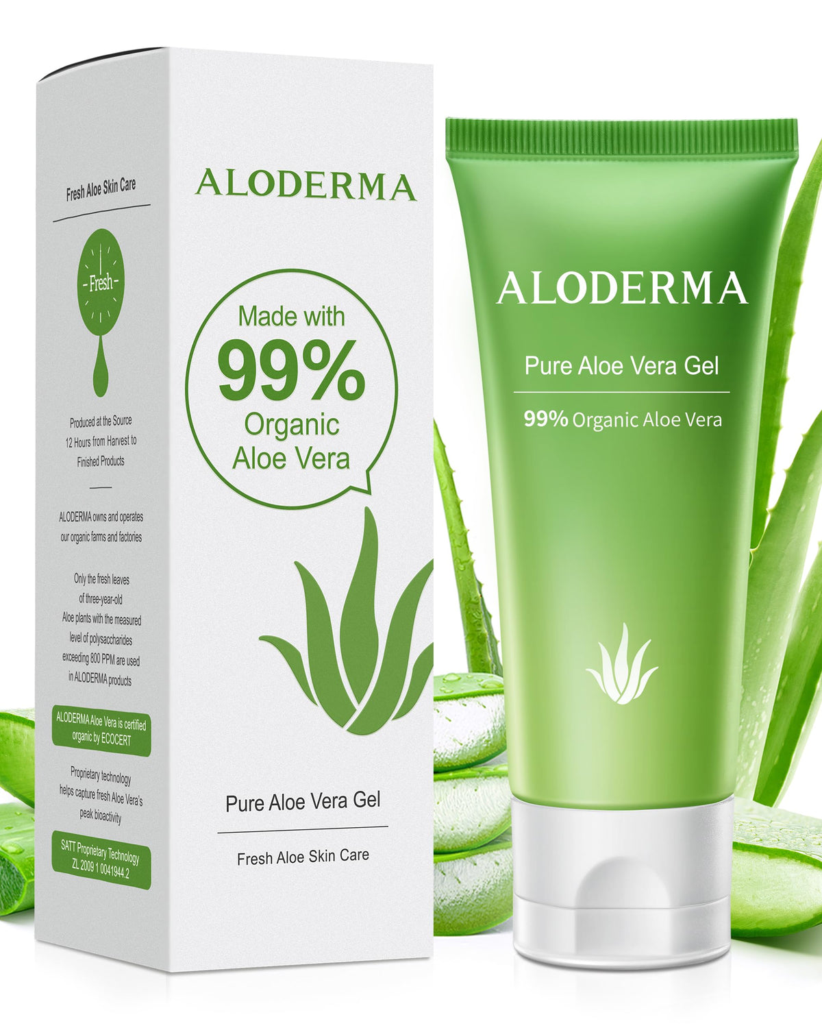 Aloderma front tube showing brand and compact travel size hydrating gel