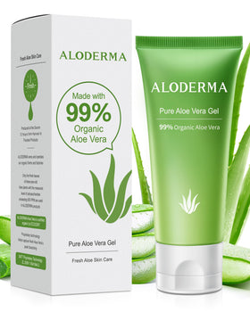 Aloderma front tube showing brand and compact travel size hydrating gel