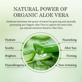 Aloderma label detail with organic certification seals showing product purity benefit