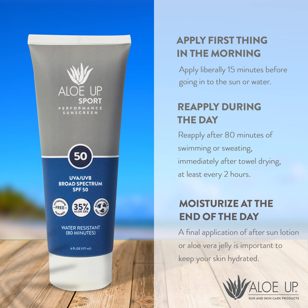 Aloe Up bottle label detail displaying ingredient highlights and reef-safe claim
