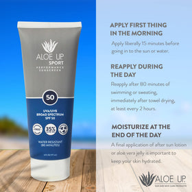 Aloe Up bottle label detail displaying ingredient highlights and reef-safe claim