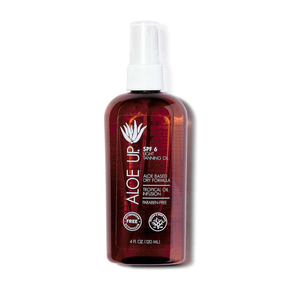 Aloe Up front packaging shows 4 oz bottle and tropical scent, hydrating benefit