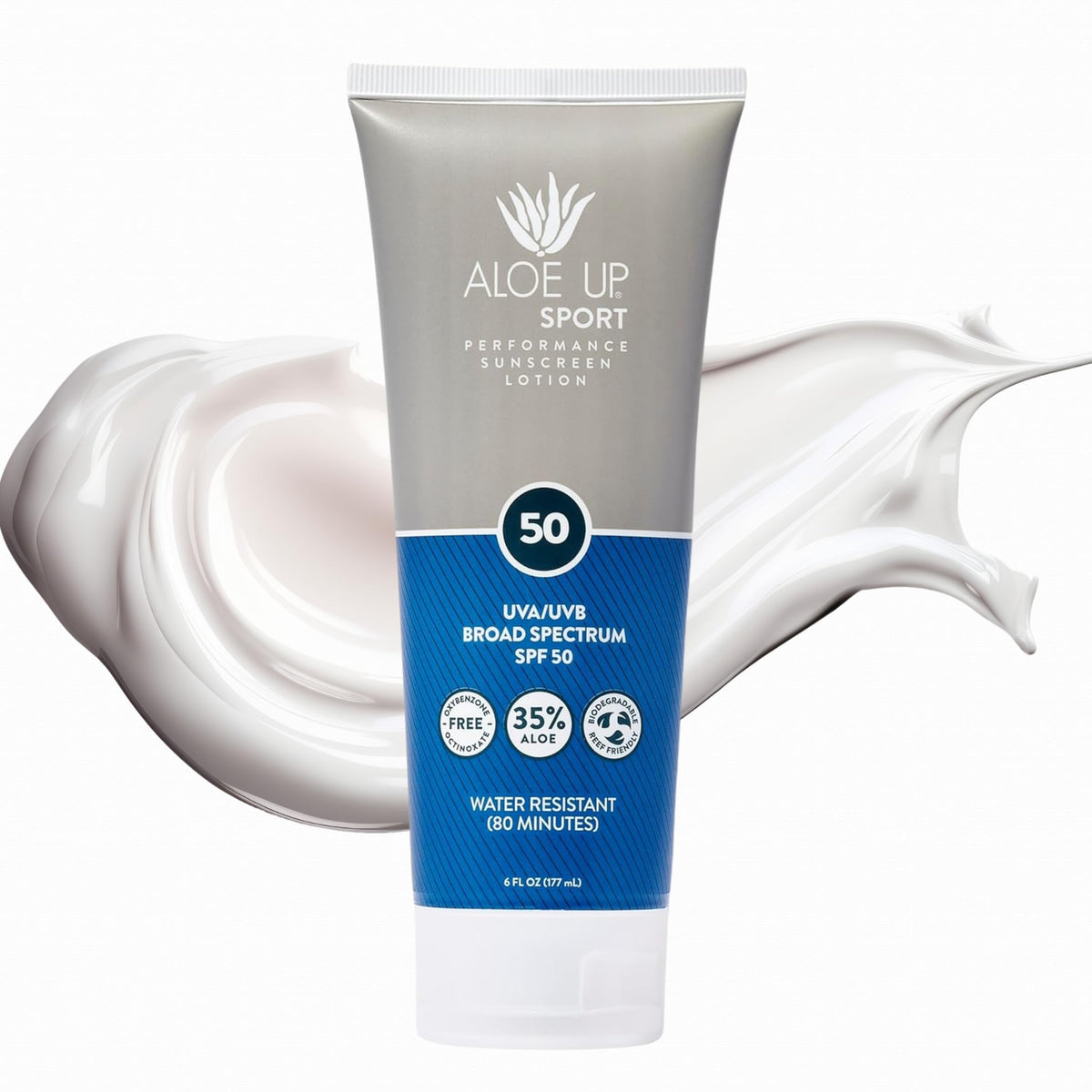 Aloe Up front packaging 6 oz showing SPF 50 and sport formula benefit