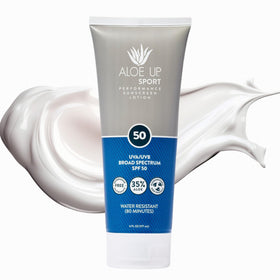 Aloe Up front packaging 6 oz showing SPF 50 and sport formula benefit