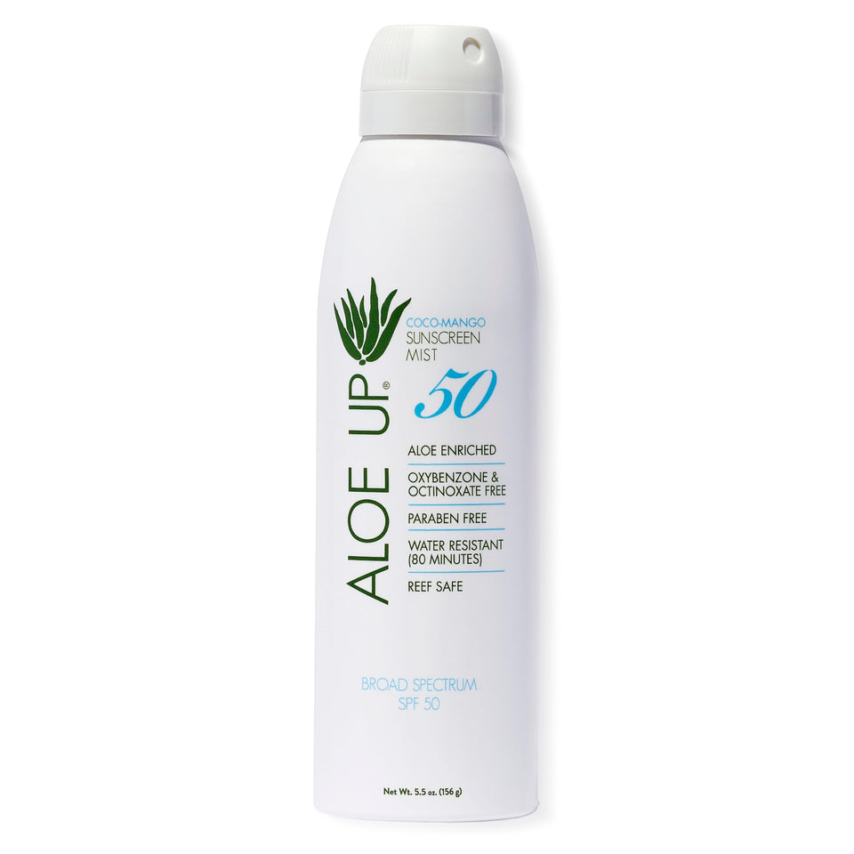 ALOE UP front packaging showing Coco Mango scent and SPF 50 protection