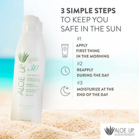 ALOE UP label close-up highlighting SPF 30 and 80 minute water resistance benefit