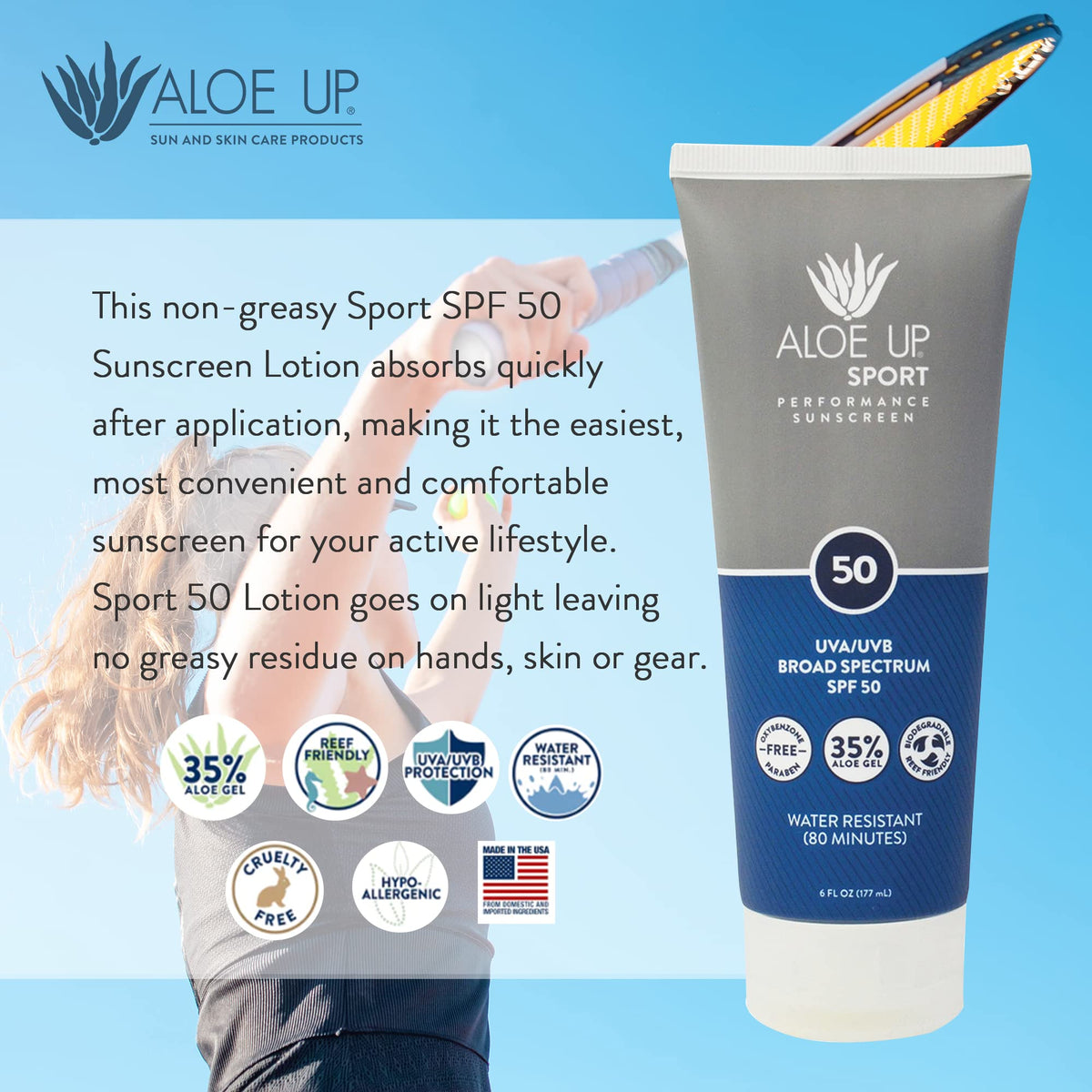 Aloe Up size comparison in hand illustrating portable 6 oz convenience
