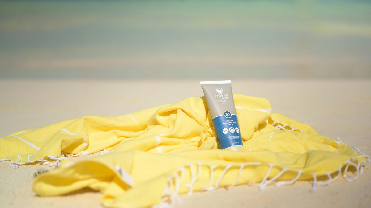 Aloe Up sunscreen pump dispense showing easy application and controlled amount