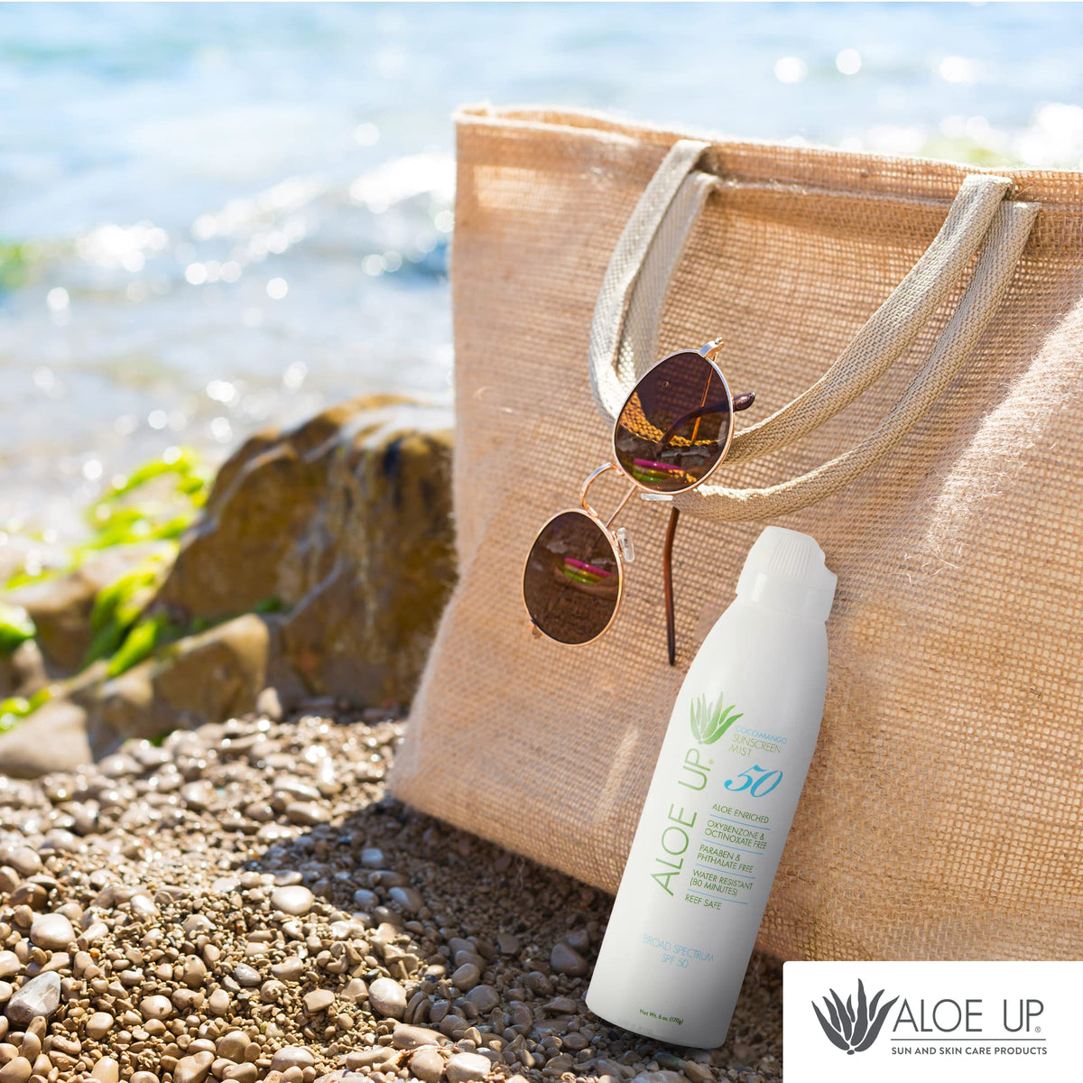 ALOE UP used at the beach showing water-resistant protection during activity