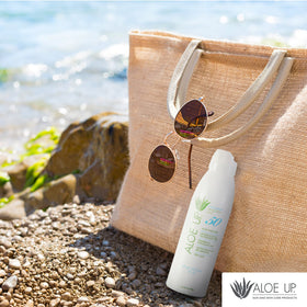 ALOE UP used at the beach showing water-resistant protection during activity