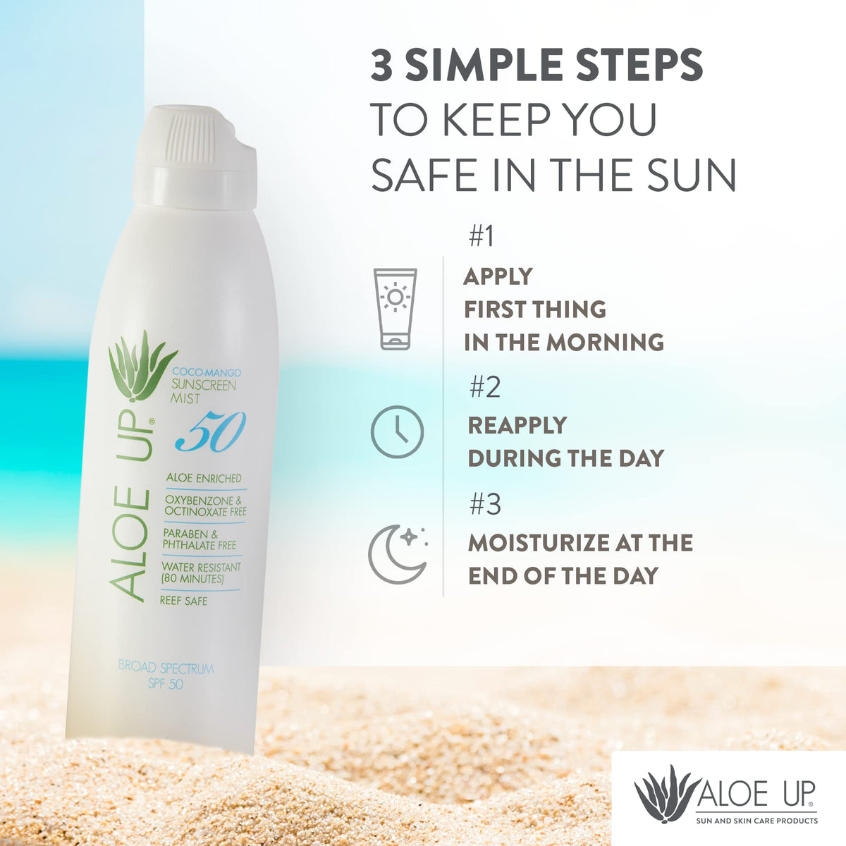 ALOE UP bottle in hand for scale, portable SPF 50 protection on the go