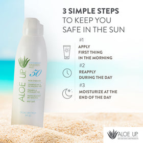 ALOE UP bottle in hand for scale, portable SPF 50 protection on the go