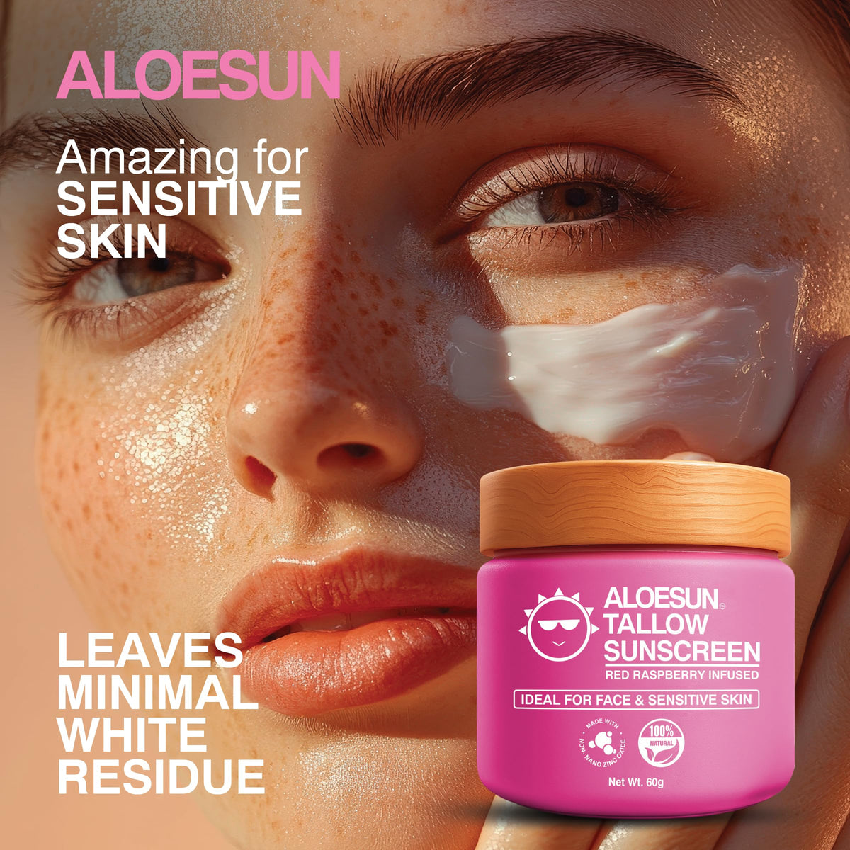ALOESUN applied on face illustrating non-greasy, lightweight finish