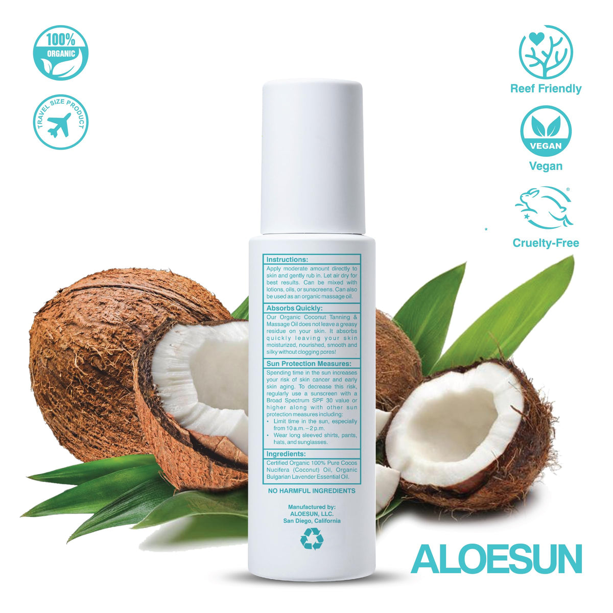 ALOESUN size comparison next to sunscreen tube emphasizing portable travel-friendly volume