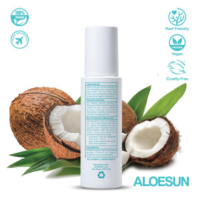 ALOESUN size comparison next to sunscreen tube emphasizing portable travel-friendly volume