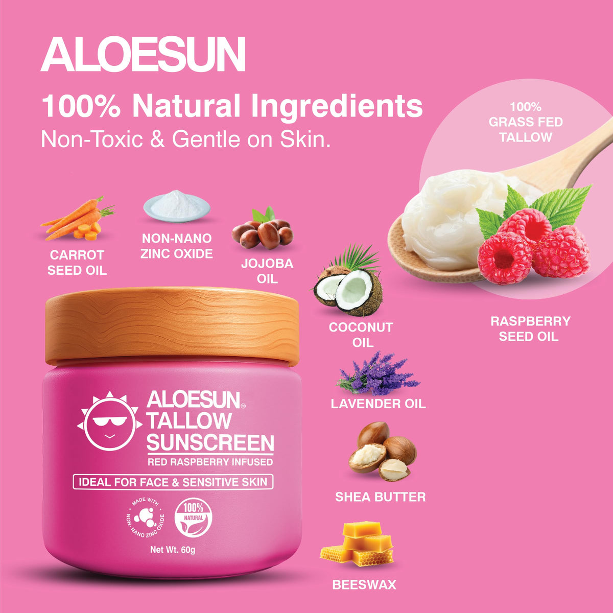 ALOESUN next to travel items showing small 2.12 oz size benefit