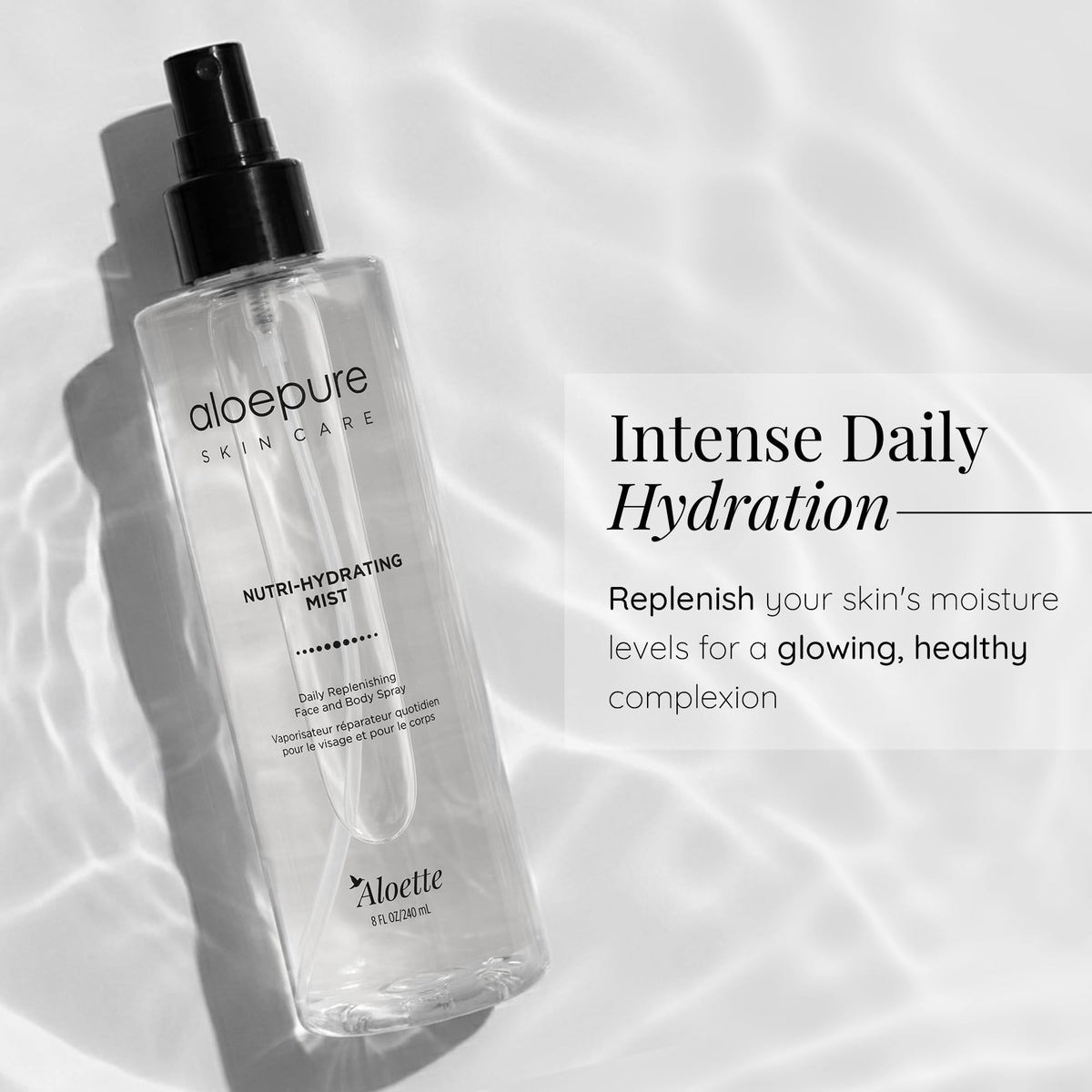 Aloette close-up nozzle spraying fine mist for even lightweight coverage