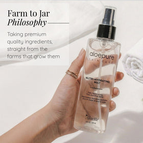 Aloette mist in use on face and neck providing instant skin refresh