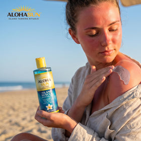 Aloha Sun bottle in a beach lifestyle scene emphasizing post-swim recovery use