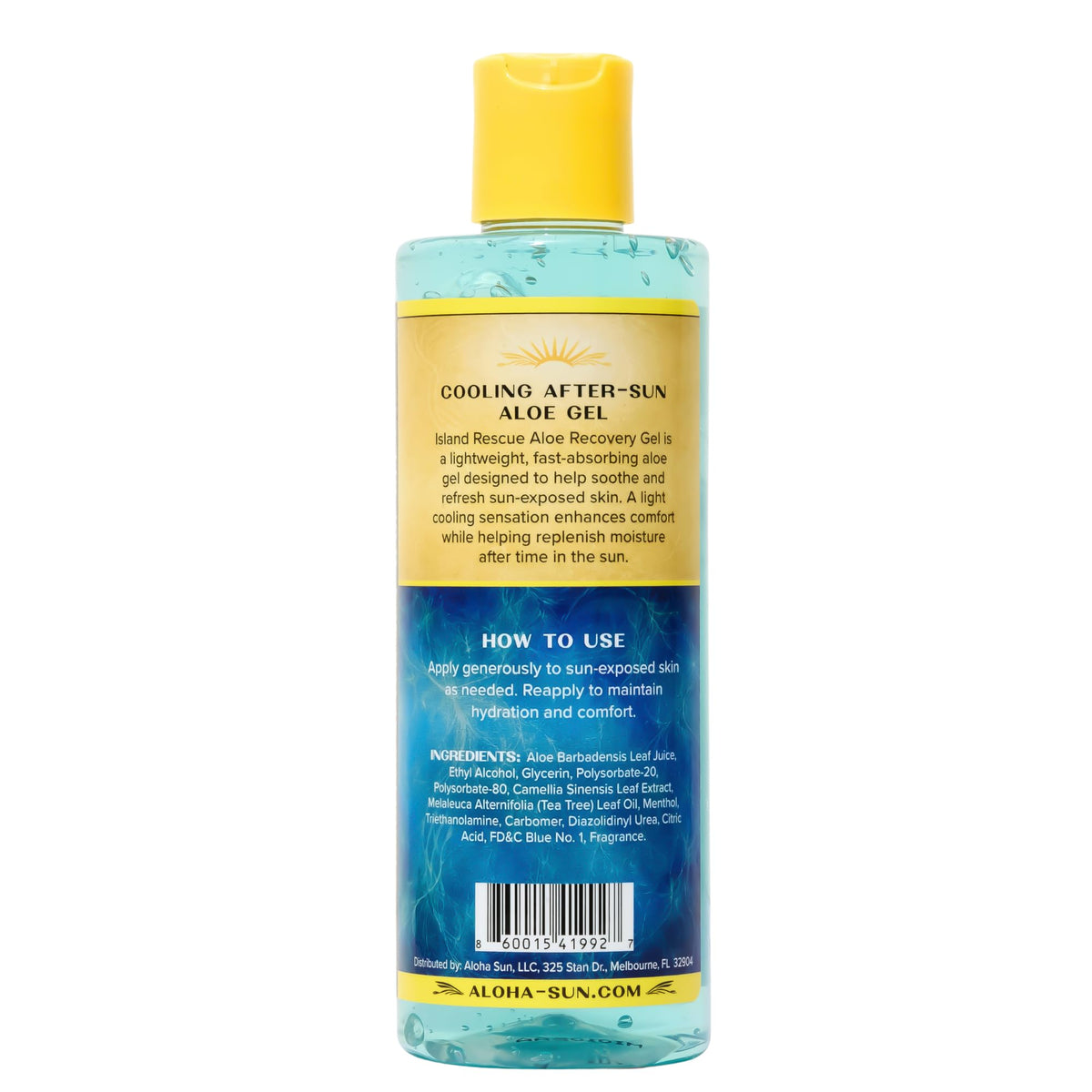 Aloha Sun bottle resting on beach towel suggesting daily after-sun routine convenience