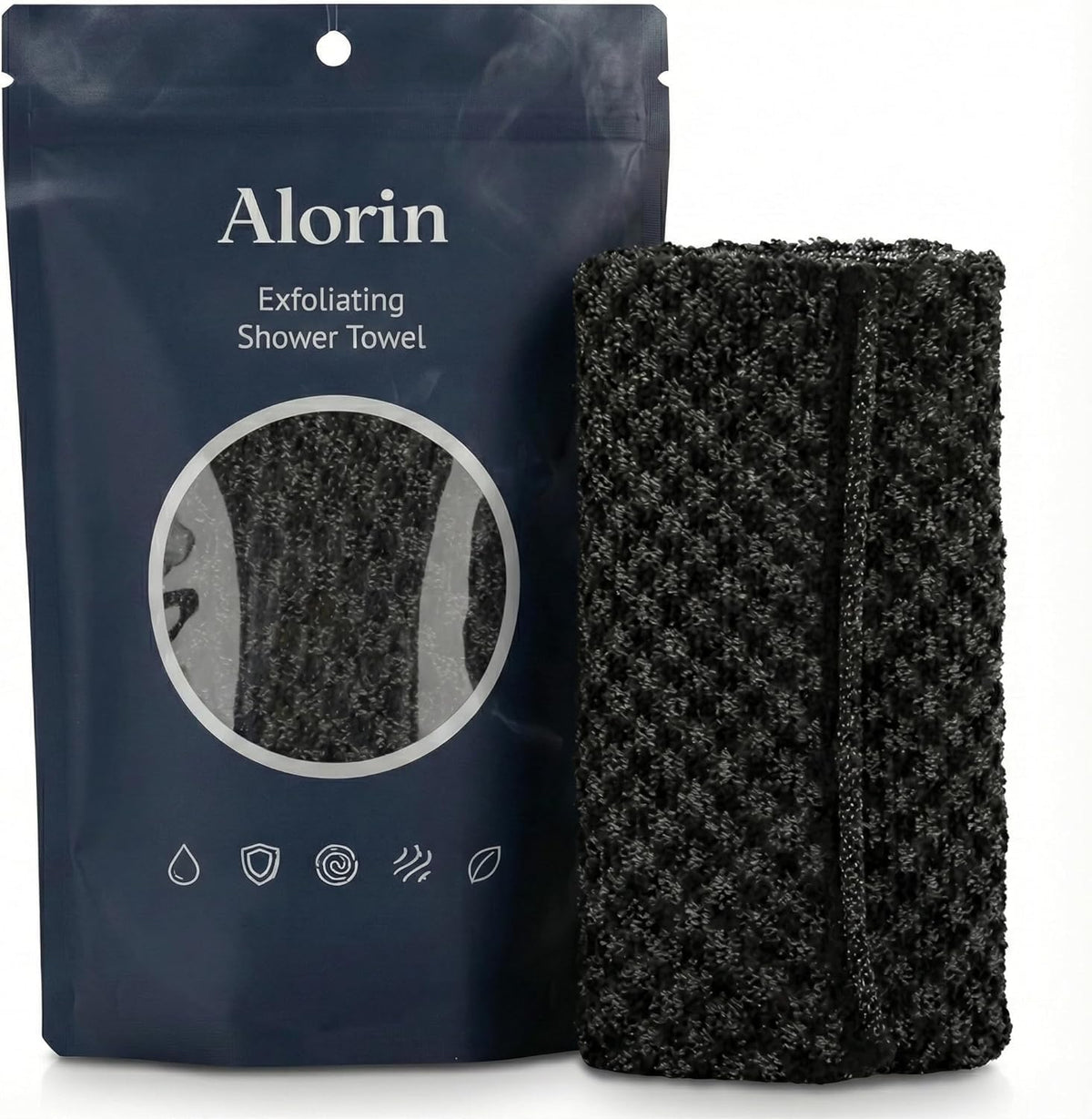 Alorin Towel front view showing black packaging and sleek design benefit:方便storage