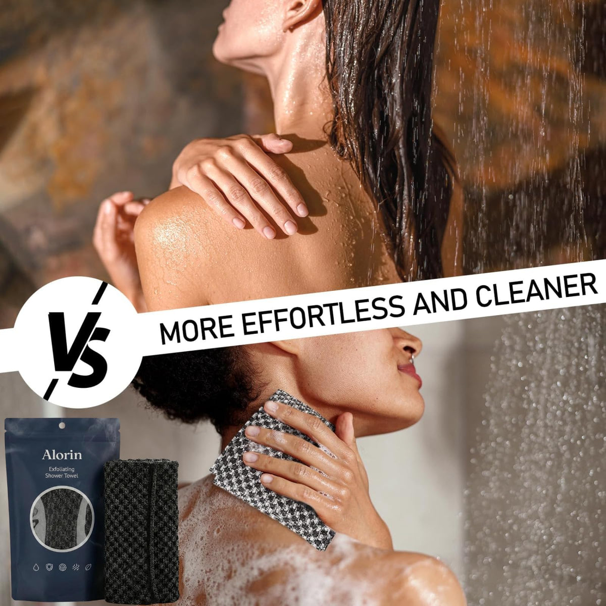 Alorin Towel on model reaching back showing full 40-inch reach benefit