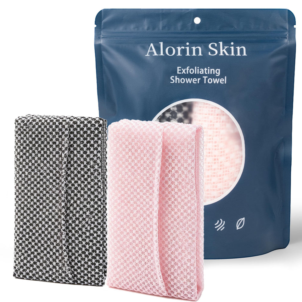 Alorin Skin front view of pink and black towels showing durable two‑pack benefit