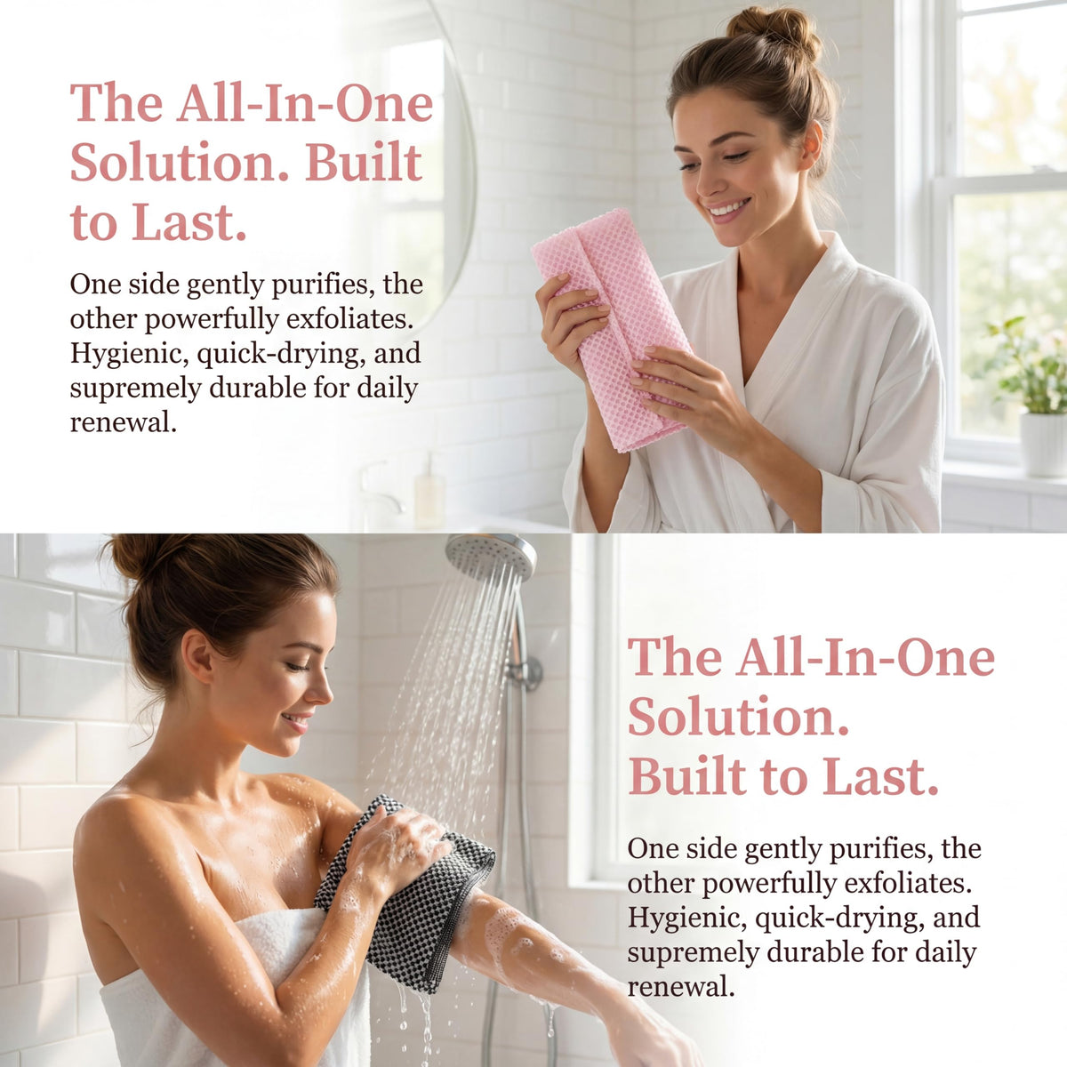 Alorin Skin towel being used in shower showing gentle exfoliation in action