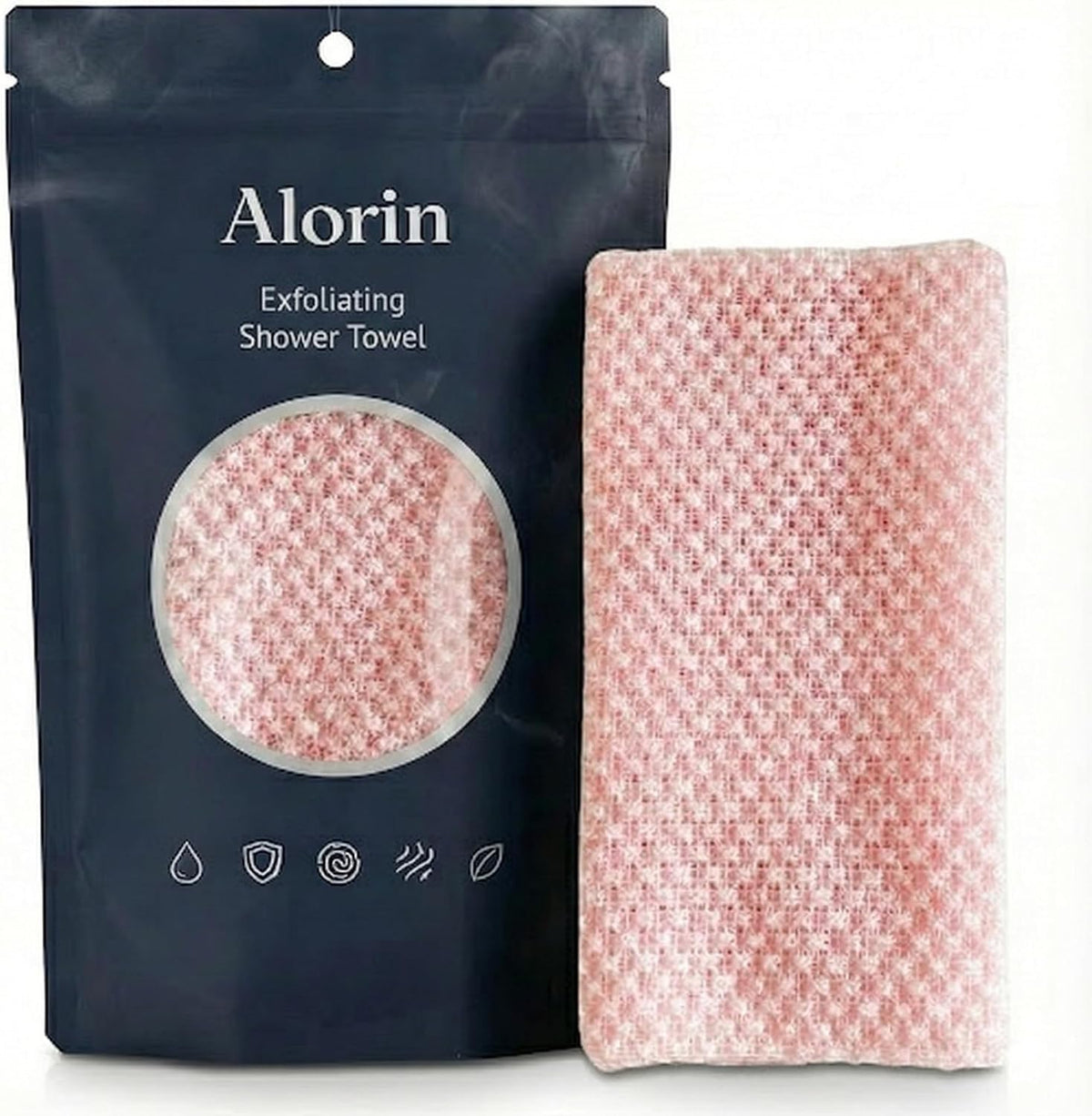 Alorin Towel front view showing pink towel and clear product benefit