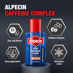 Alpecin being applied to scalp demonstrating targeted caffeine benefit