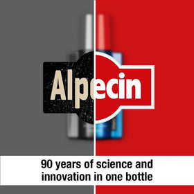 Alpecin held in hand showing 6.76 fl oz size and travel-friendly benefit