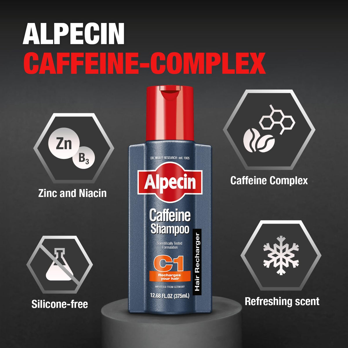 Alpecin label close-up highlighting caffeine formula and ingredient benefits