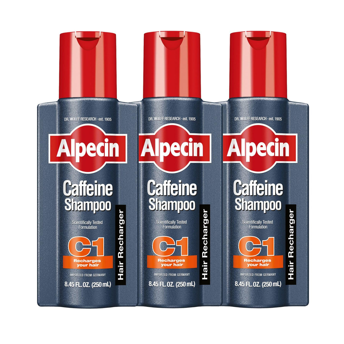 Alpecin bottle front packaging showing label and volume, brand clarity benefit