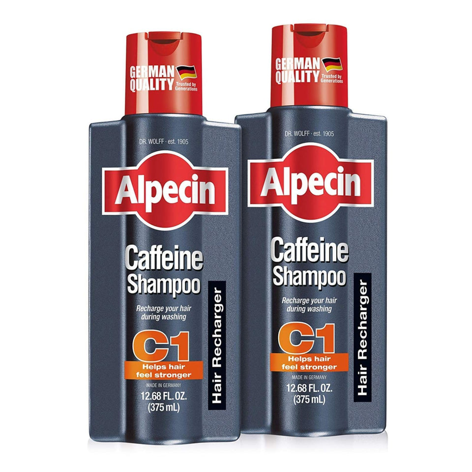 Alpecin bottle front view showing brand and size, for easy identification and purchase