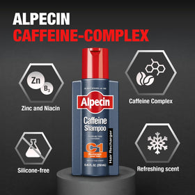 hand holding Alpecin C1 bottle to show size and easy-use, brand convenient benefit