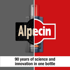 Alpecin bottles on bathroom shelf in a modern setting, showing storage and routine fit