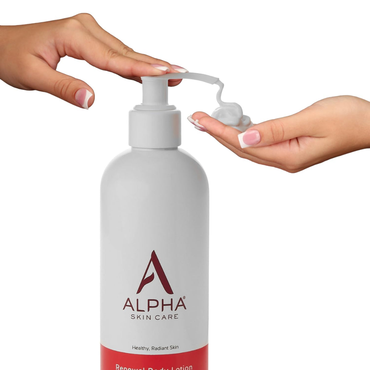 Alpha applying lotion to forearm to show gentle exfoliation and hydration