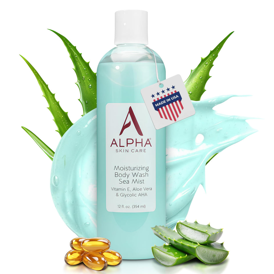 Alpha front packaging showing bottle and clear product benefit of gentle exfoliation