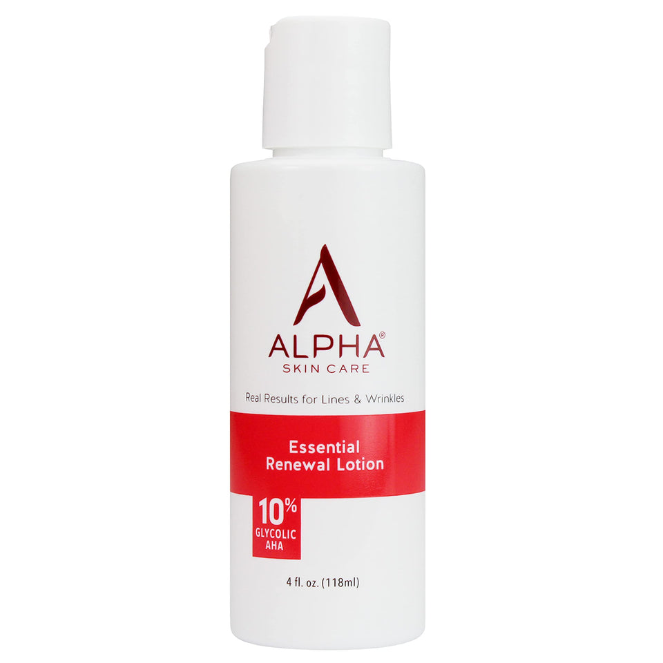 Alpha front packaging shows bottle design and essential renewal lotion benefits