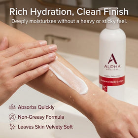 Alpha lotion texture on skin showing smooth consistency and quick absorption